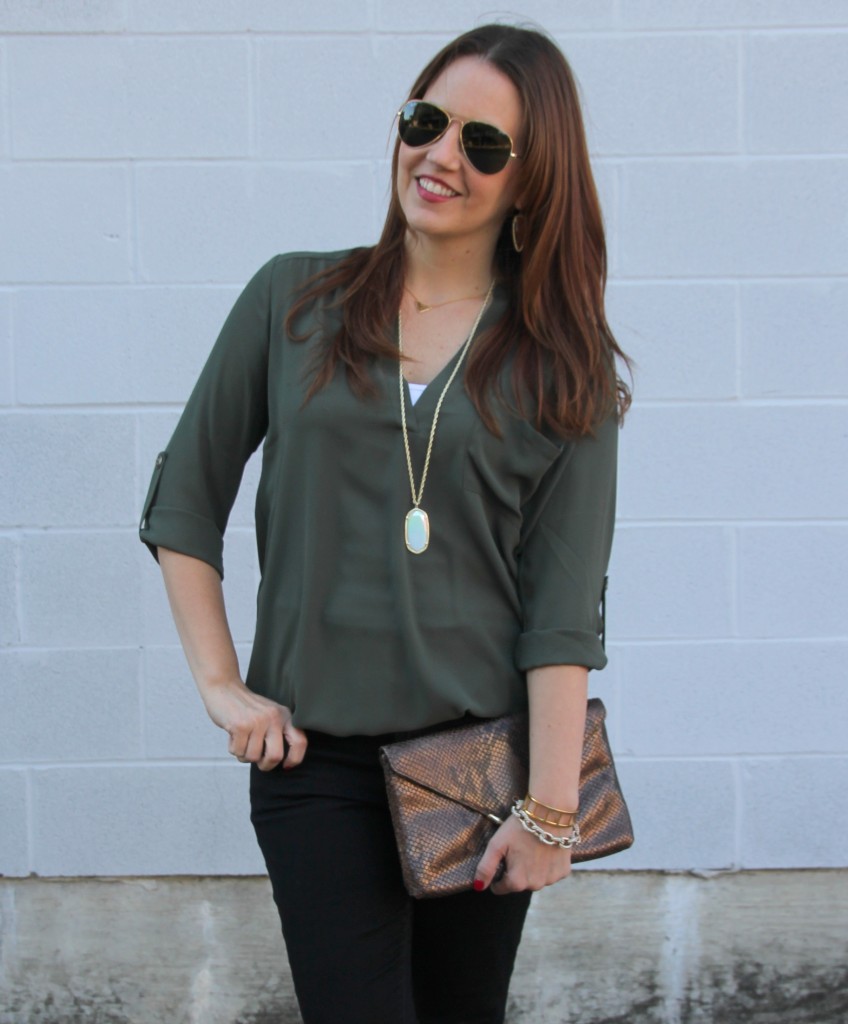 Fall Fashion - Olive Tunic and Gold Jewelry | Lady in Violet