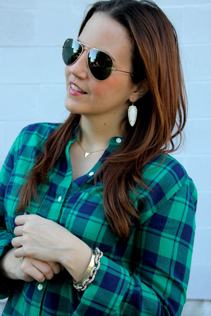 Navy and Green Plaid Shirt with Kendra Scott Skylar Earrings | Lady in Violet