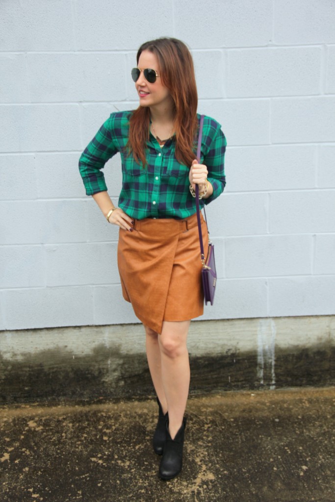 Fall Outfit Idea - Plaid Shirt and Leather Skirt | Lady in Violet