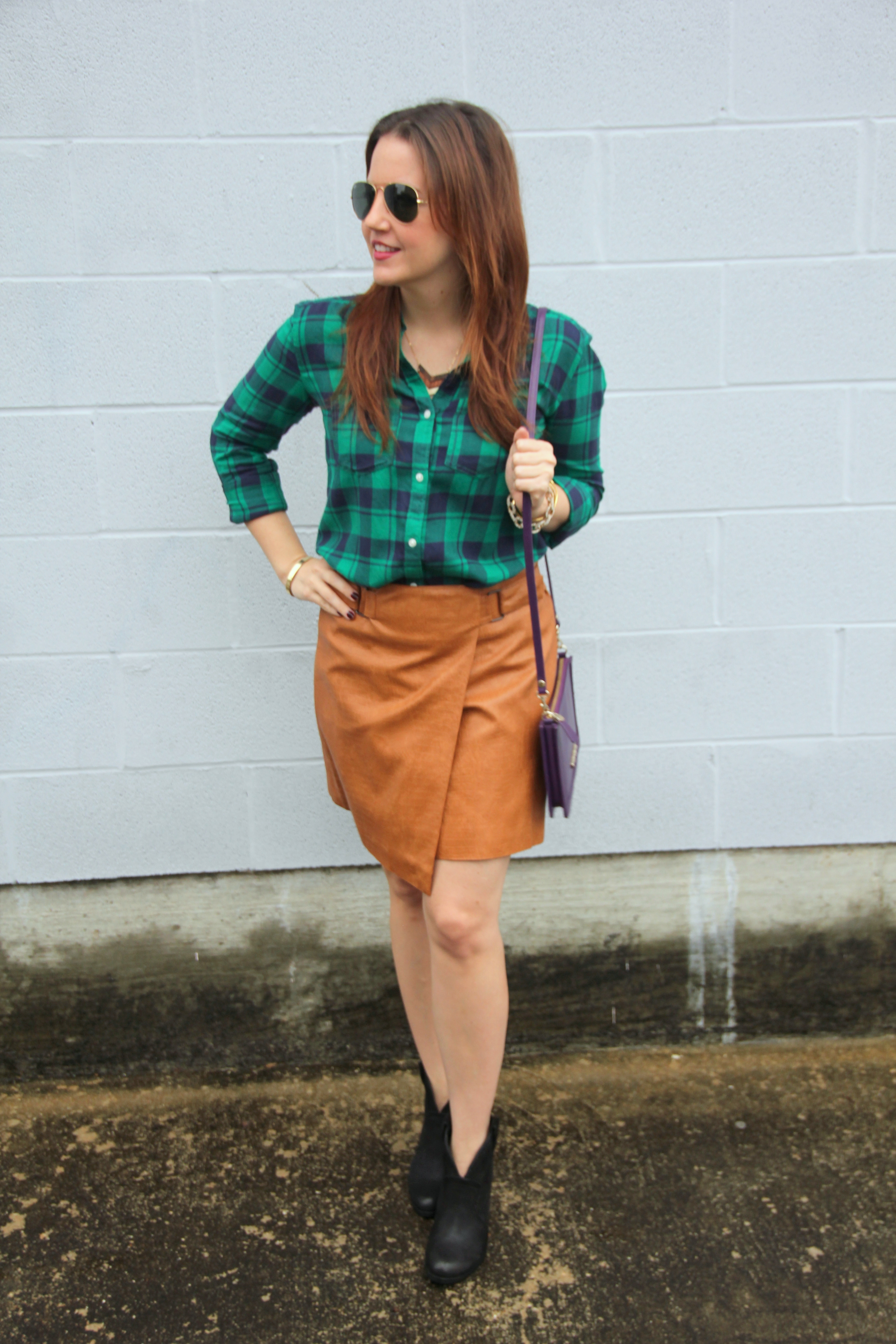 leather skirt flannel shirt