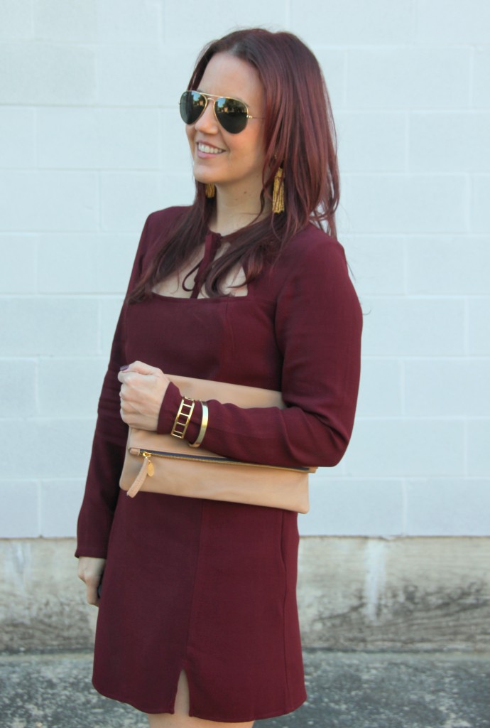 Maroon Holiday Dress and Clare V Foldover Clutch | Lady in Violet