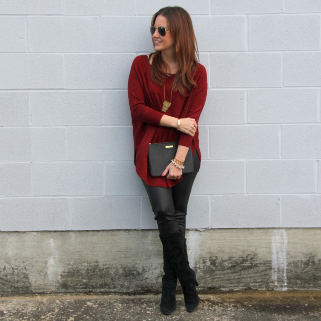 Christmas Party Outfit Idea - Red Sweater and Leather Leggings | Lady in Violet