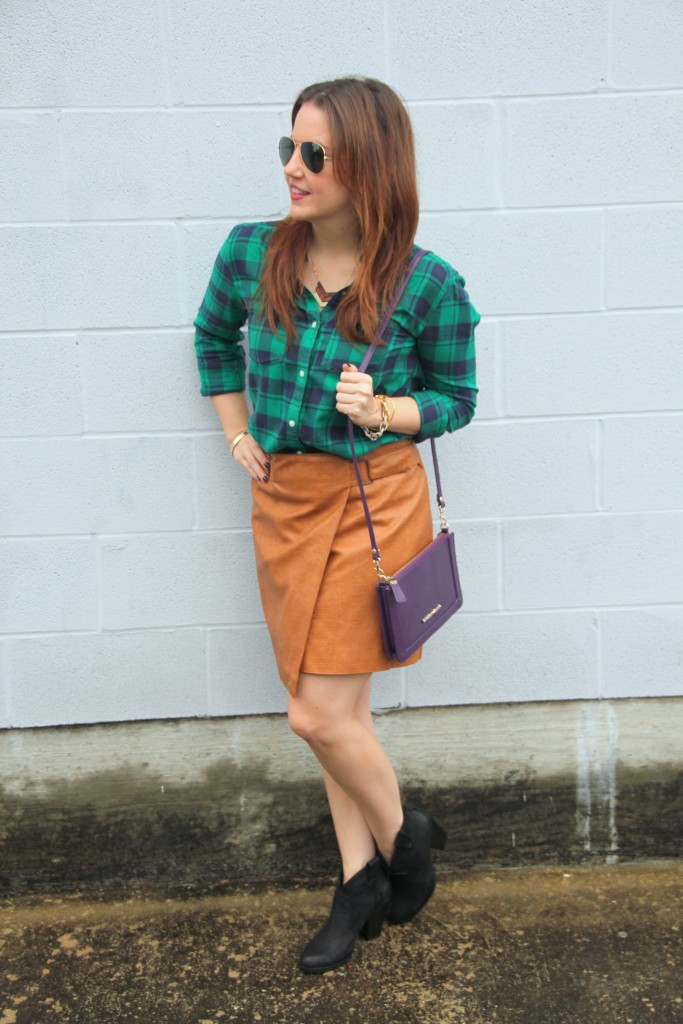 Outfit Idea - Plaid Shirt, Leather Skirt, Black Boots | Lady in Violet