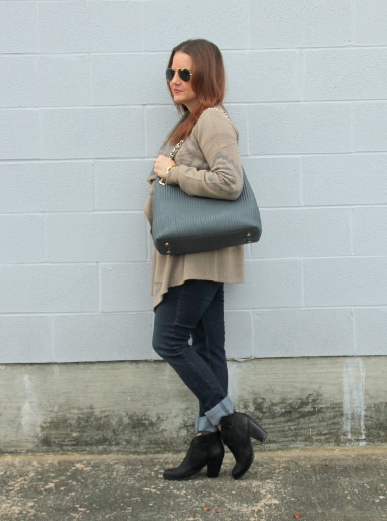 Fall Outfit Idea - Long Cardigan, Cuffed Jeans, Black Booties | Lady in Violet