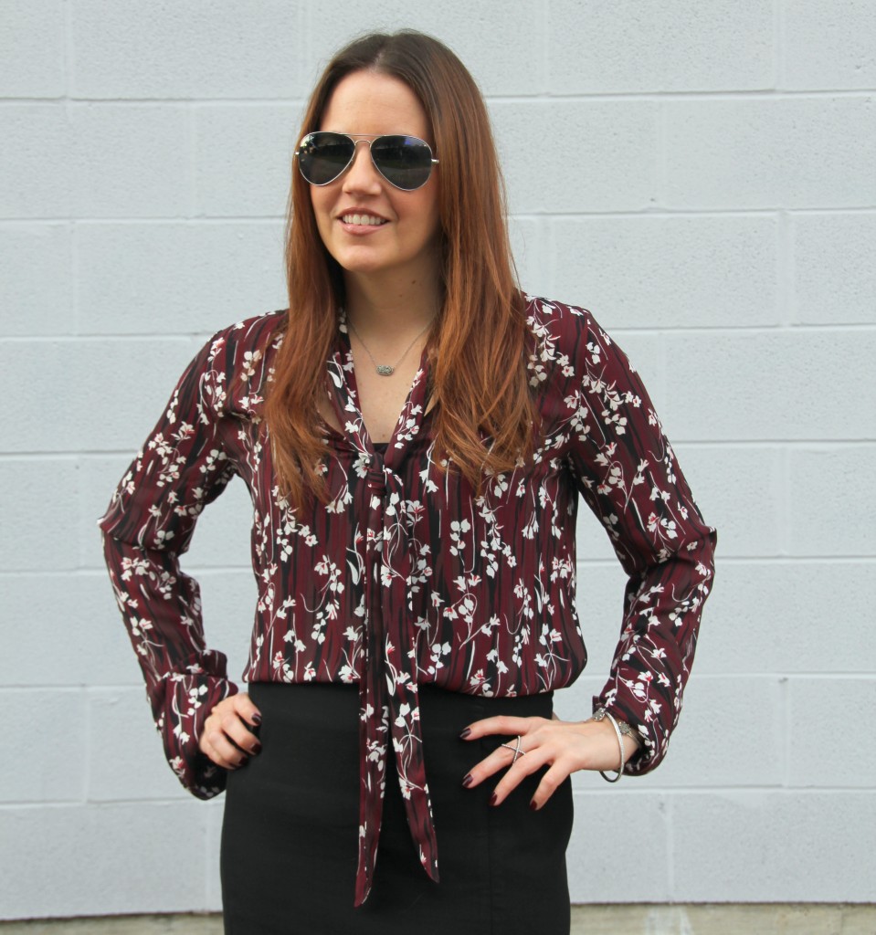 Maroon Floral Print Tie Neck Blouse | Lady in Violet