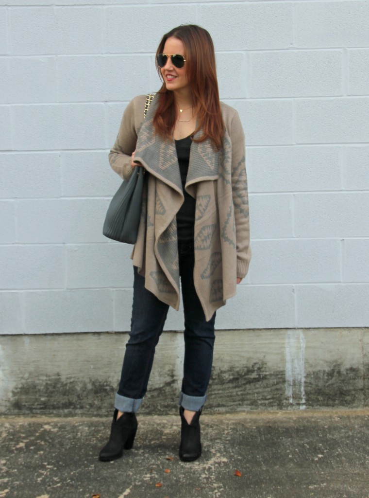 Winter Outfit Idea - Long Cardigan, Jeans, Booties | Lady in Violet