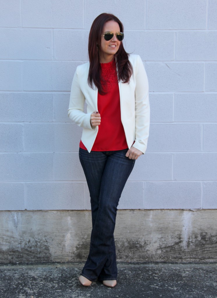Christmas Party Outfit - Red Blouse and White Blazer | Lady in Violet