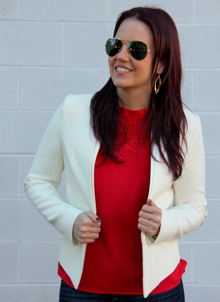 Red Lace Blouse and Topshop Poppy Blazer | Lady in Violet