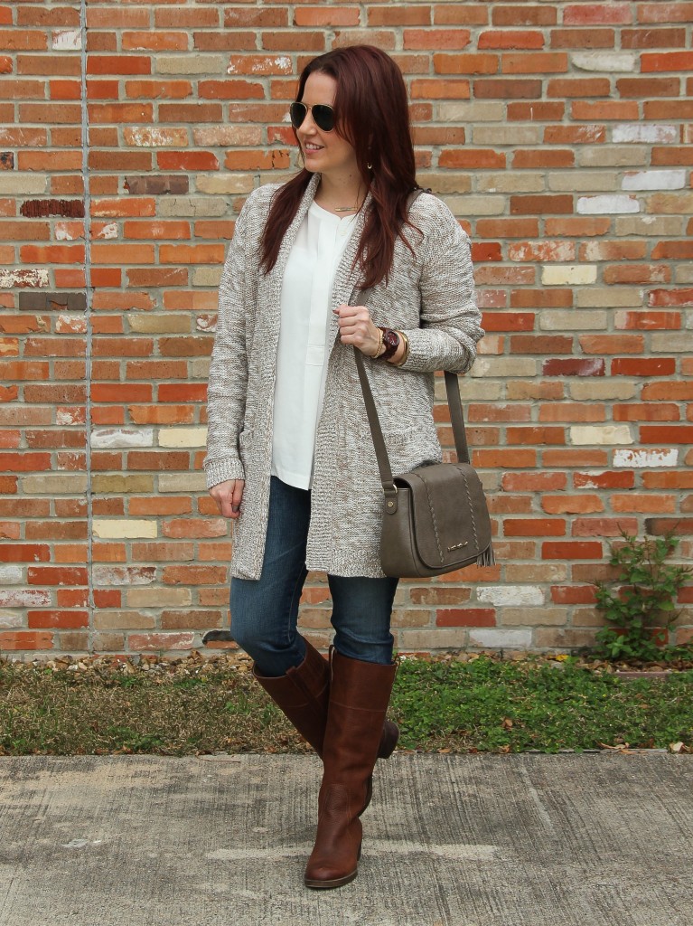 Casual Weekend Outfit with Cardigan, Jeans, boots | Lady in Violet