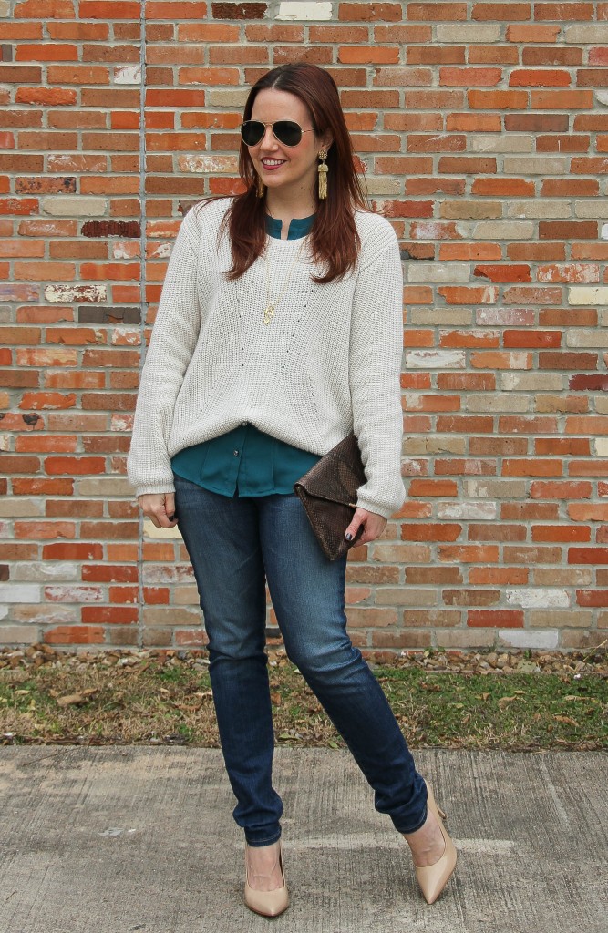 Winter outfit - sweater, jeans and heels | Lady in Violet