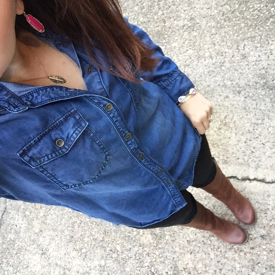 Chambray Top with riding boots | Lady in Violet