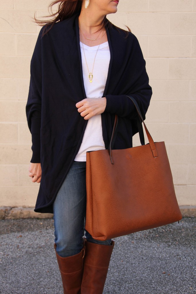 Fall Outfit Idea - Cardigan White Tee and boots | Lady in Violet