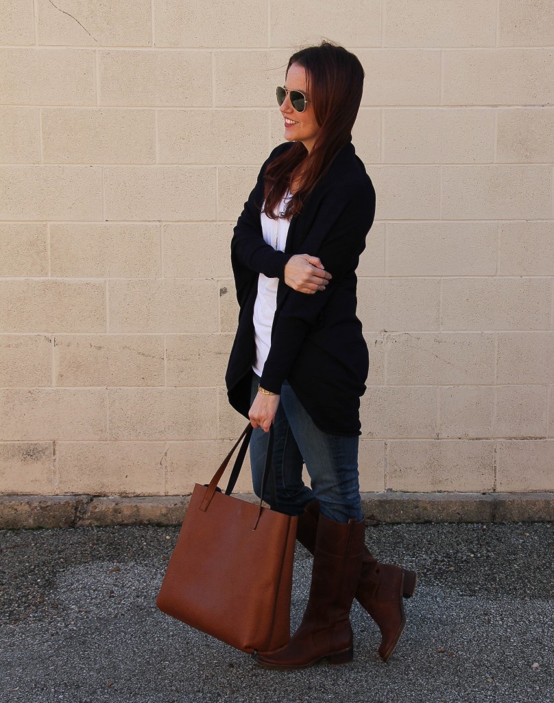 Weekend Outfit - Cardigan, Jeans and Riding Boots | Lady in Violet