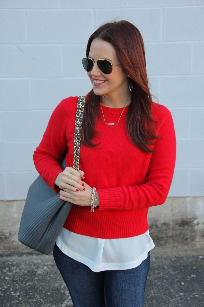 JCrew Red Sweater, Popover top and Henri Bendel Tote | Lady in Violet