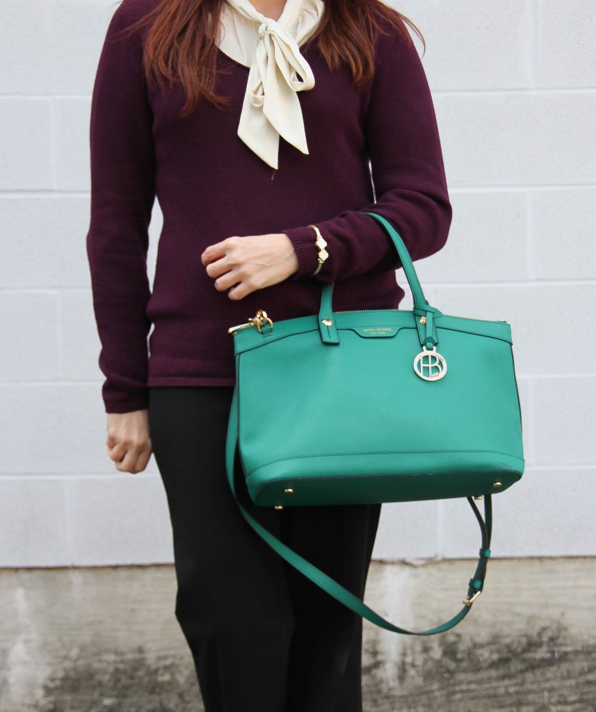 Purple Sweater with tie neck blouse for work | Lady in Violet