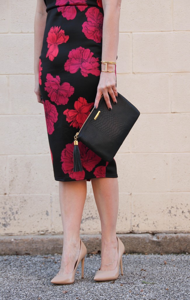 Midi Dress with Blush Heels and Black Clutch | Lady in Violet