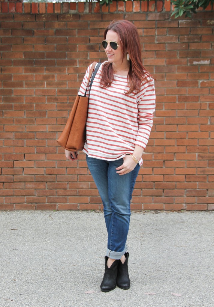 Winter Outfit Striped Tee, Jeans and Booties | Lady in Violet