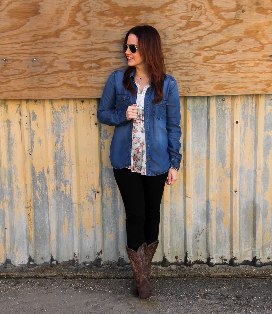Rodeo Outfit with Cowboy Boots and Chambray Shirt | Lady in Violet