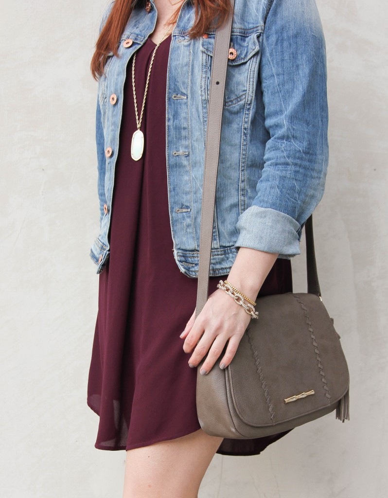 Denim Jacket and swing dress with gray cross-body bag | Lady in Violet