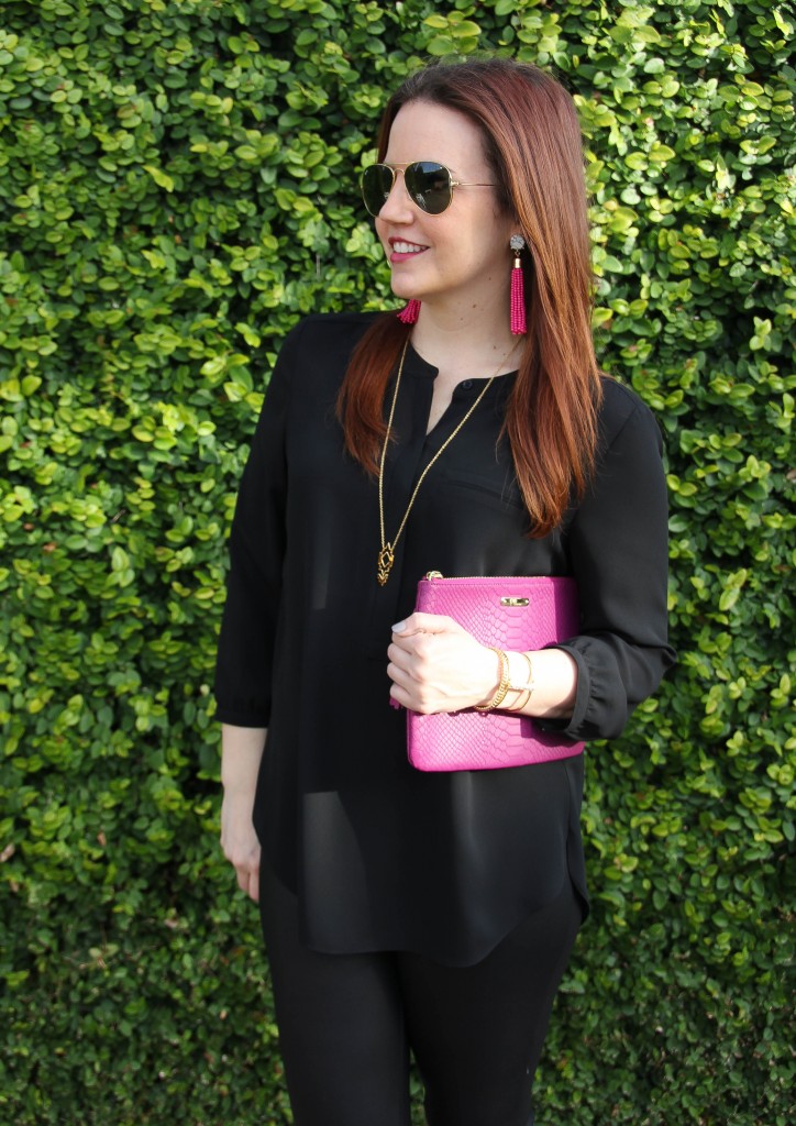 Black Henley Blouse with pink clutch | Lady in Violet