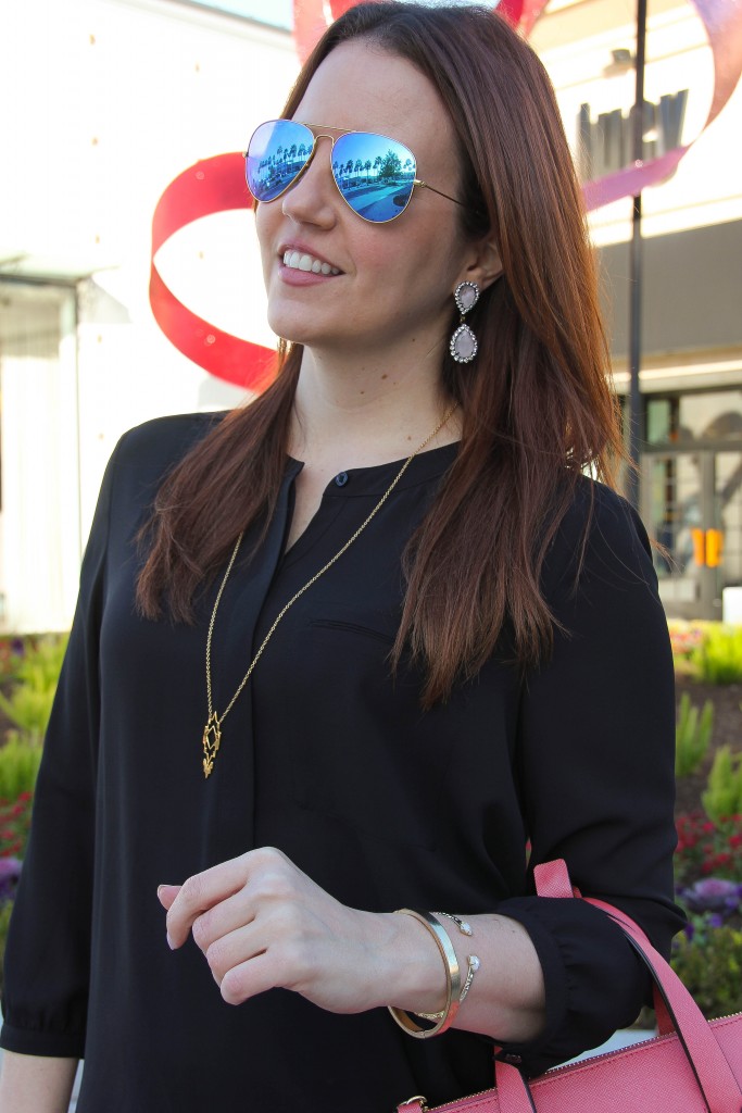 Blue Aviators with black henley blouse and loren hope earrings | Lady in Violet