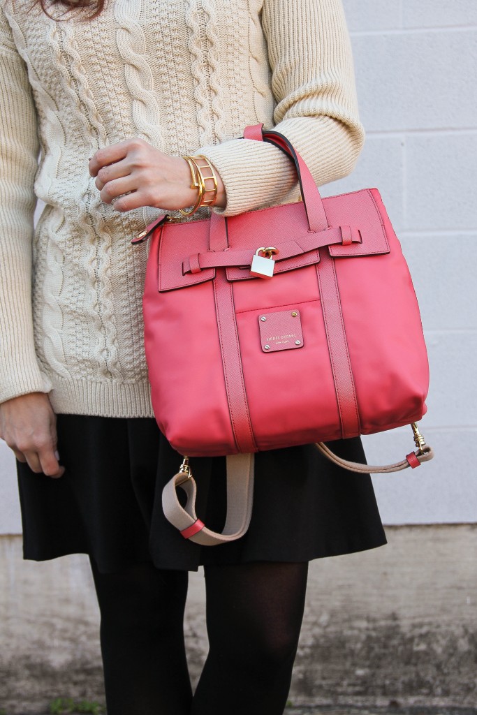 Beige Sweater and Black skirt with pink backpack 