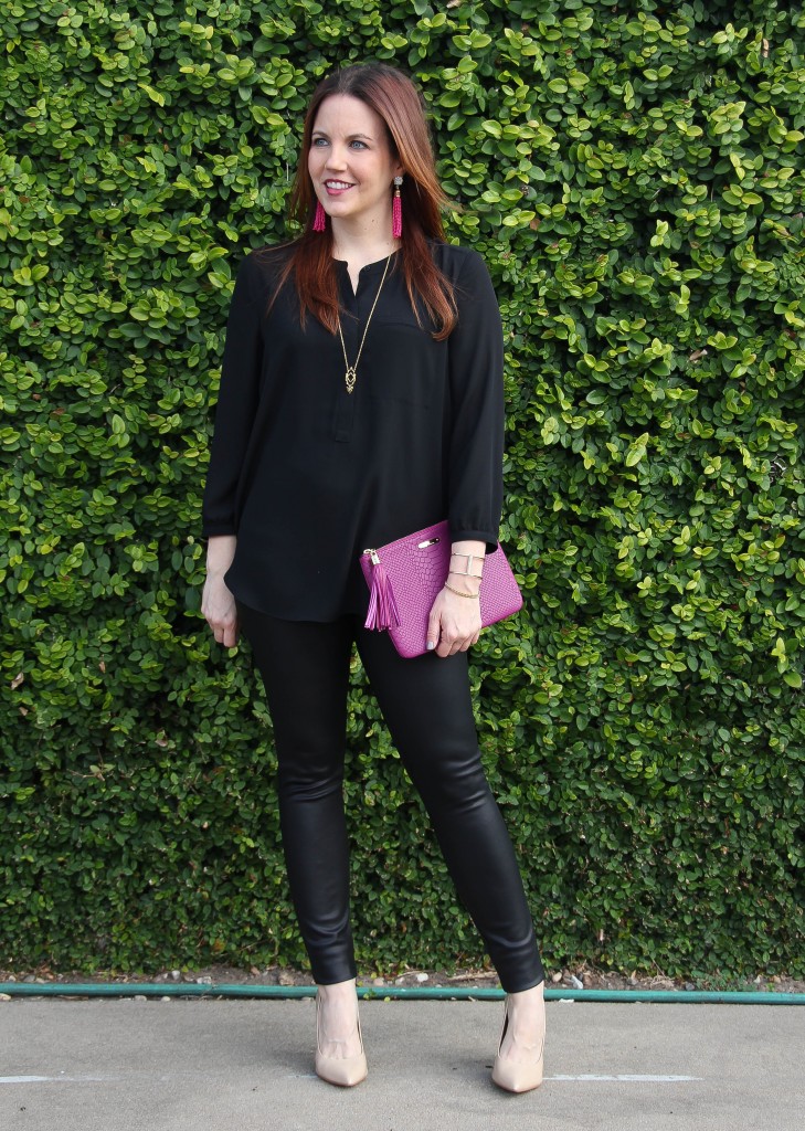 Date Night outfit - leather leggings and black blouse