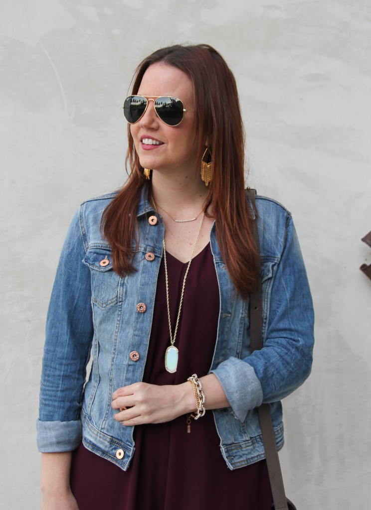 Denim Jacket with a dress and Kendra scott necklace | Lady in Violet