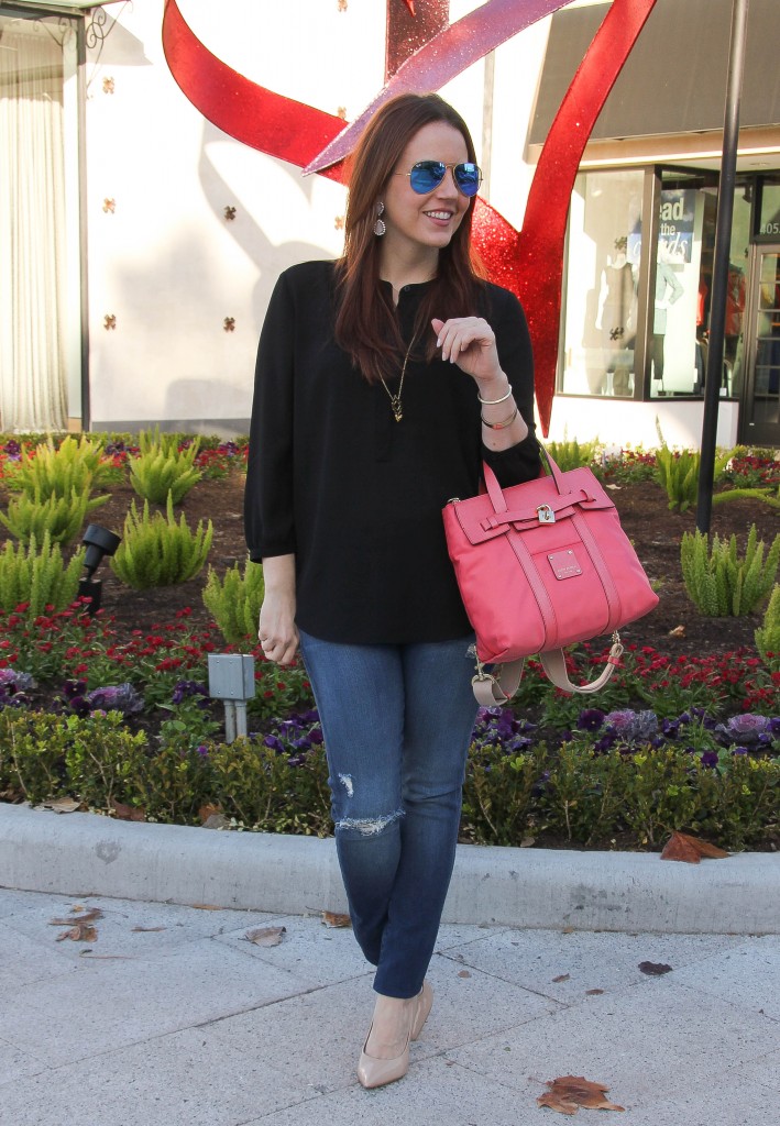 summer outfit - distressed skinny jeans with pink purse by Lady in Violet