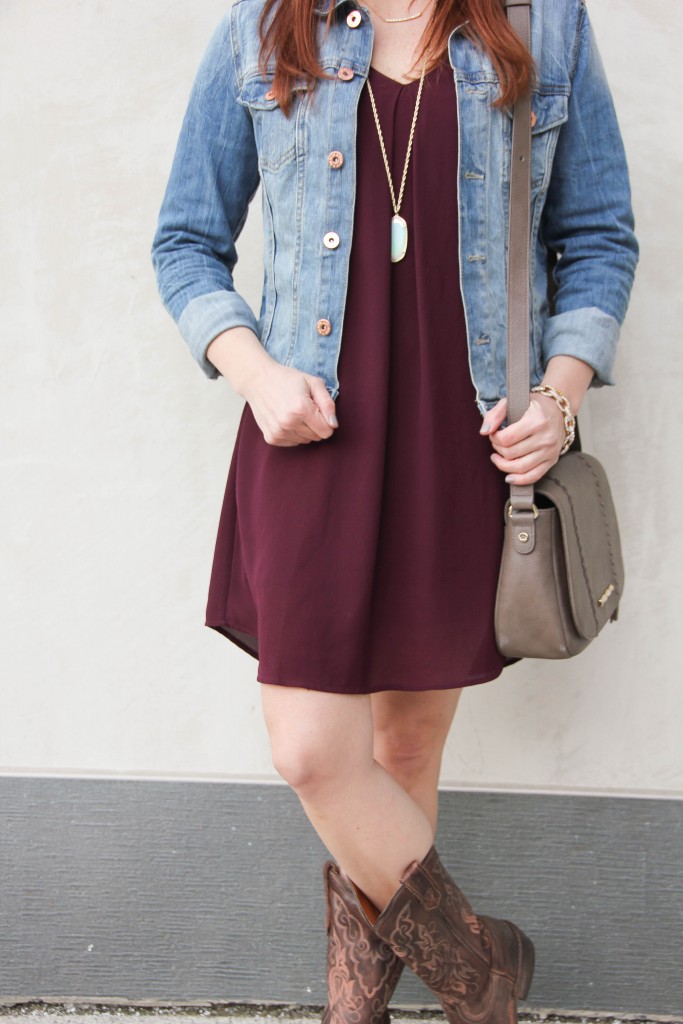 burgundy dress with jean jacket