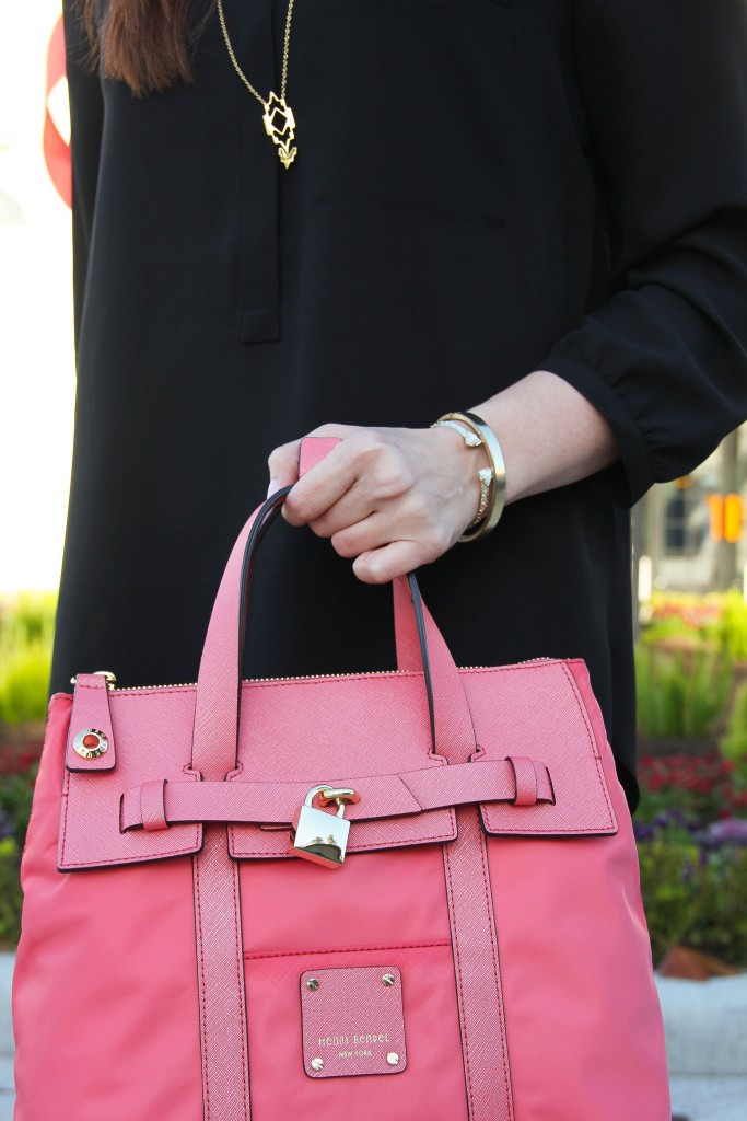 Gorjana Pendant Necklace and Pink Henri Bendel satchel | Lady in Violet