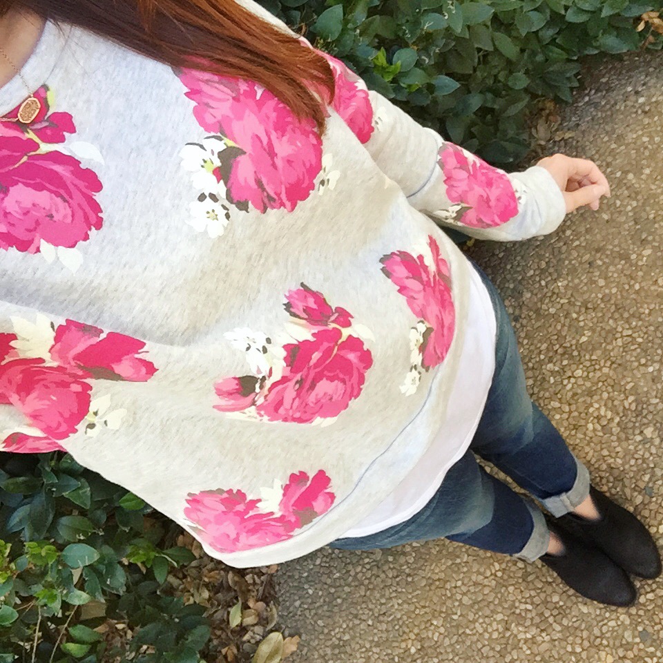 winter outfit floral sweater