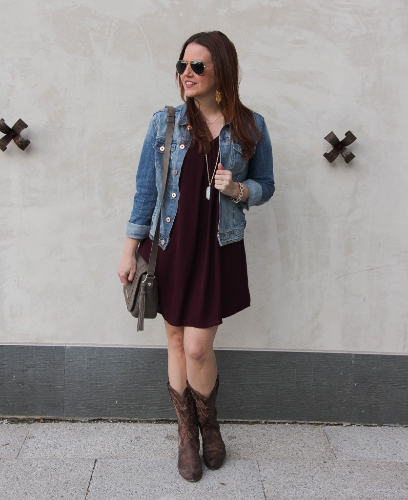 Rodeo Cookoff outfit - maroon dress, cowboy boots, denim jacket