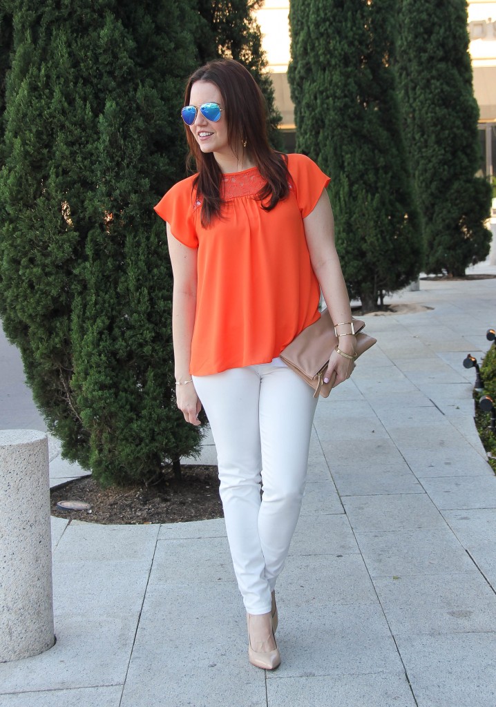 Easter outfit - white jeans and orange top