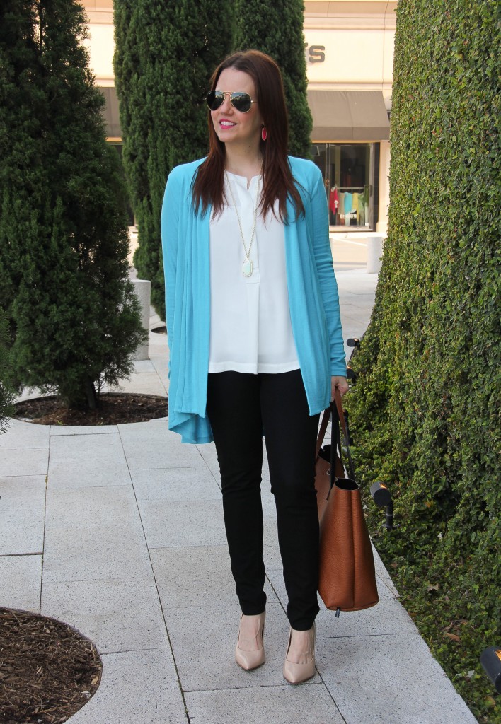 spring outfit - blue long cardigan and black jeans
