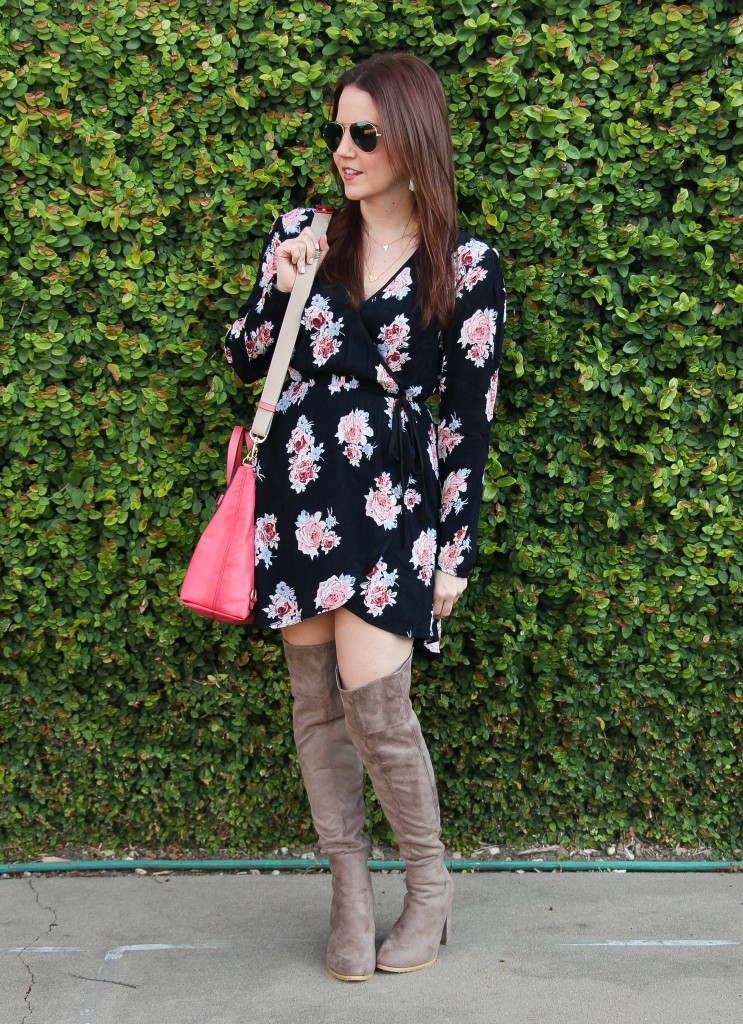 dark floral dress, fall florals, OTK boots outfit ideas, tall suede boots, chiffon dress fall, m…