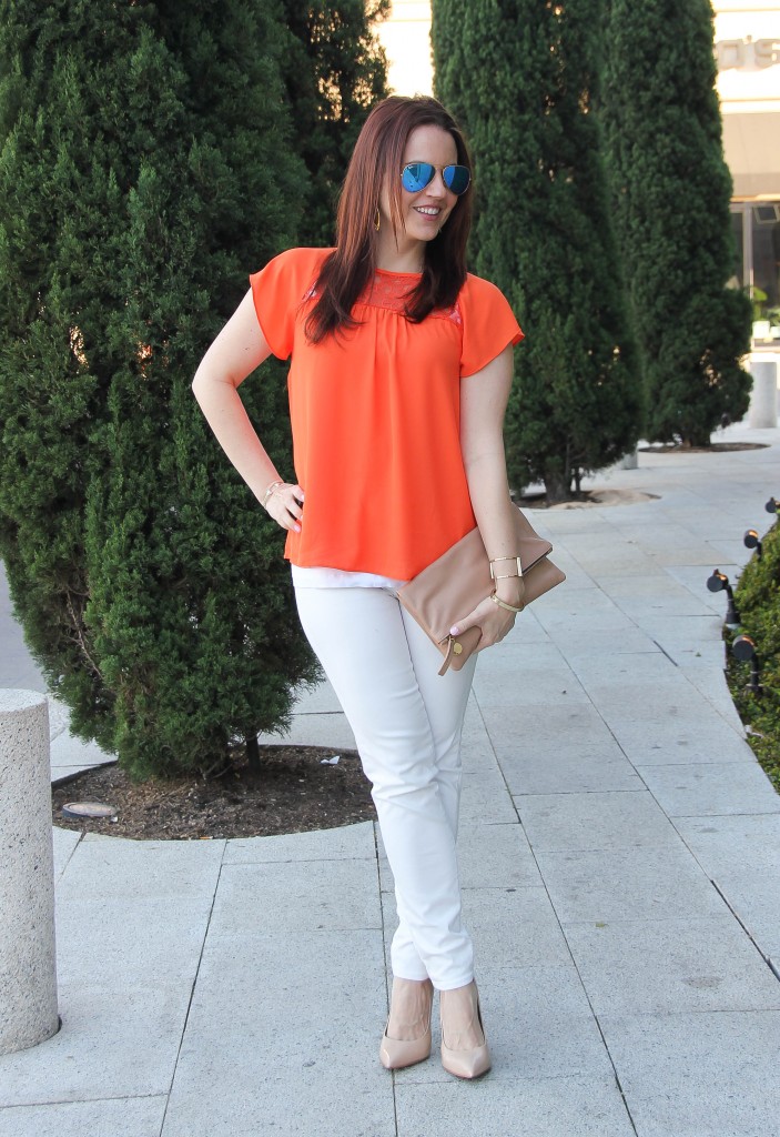 summer outfit - white denim and nude heels