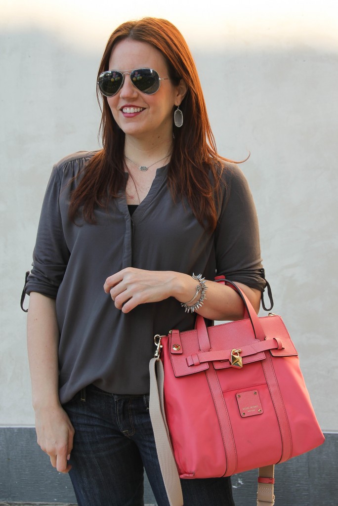 kendra scott elle earrings and gray comfy tee, henri bendel bag