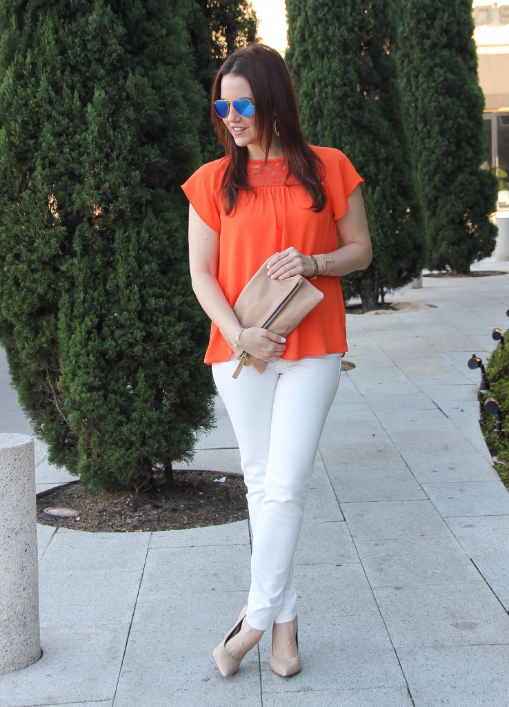 Spring Fashion - White jeans and orange blouse