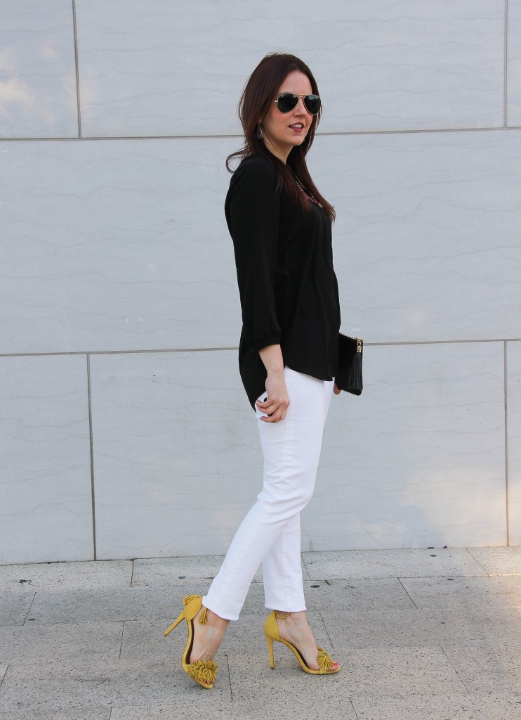 spring outfit inspiration - white denim with fringe sandals, LOVE!