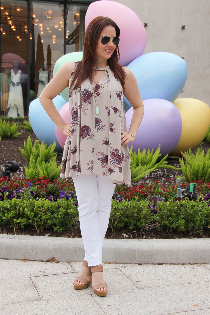 Dressy Casual spring outfit with floral blouse and white denim