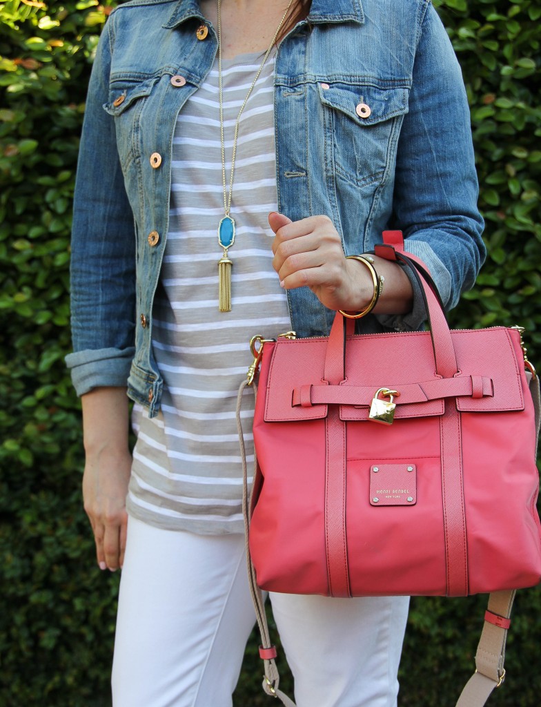 kendra scott necklace and henri bendel mini jetsetter bag