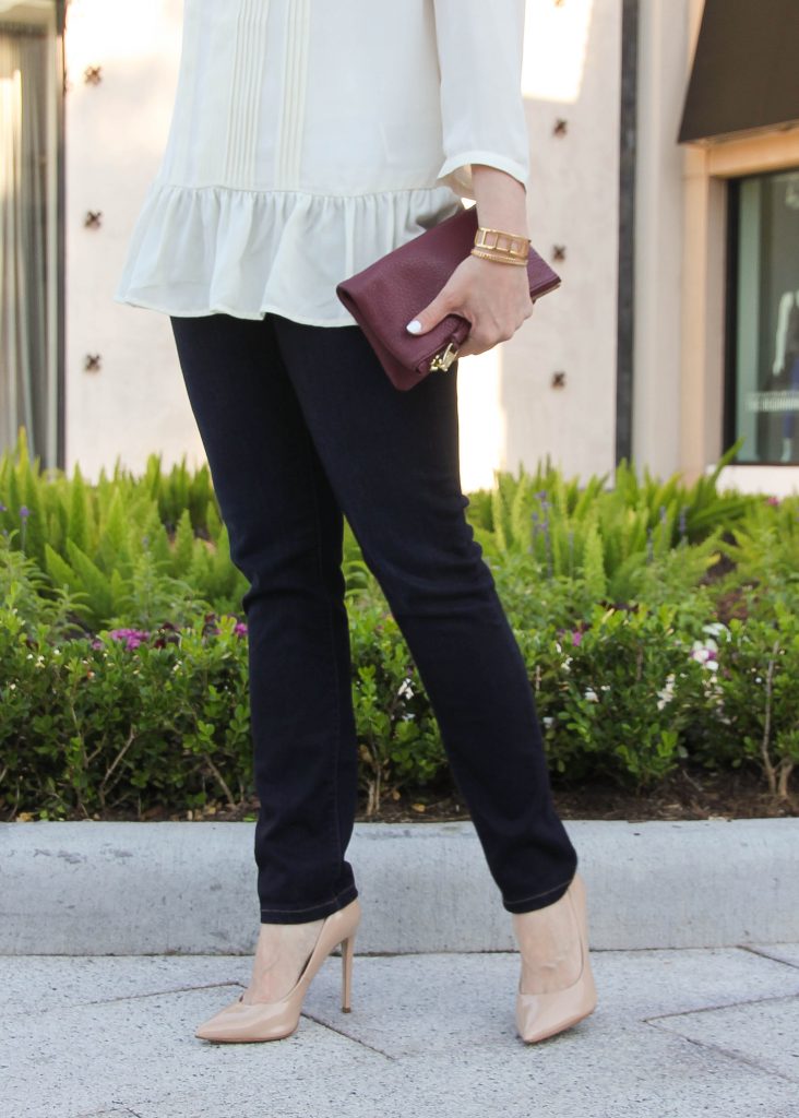 paige denim skinny jeans and nude heels