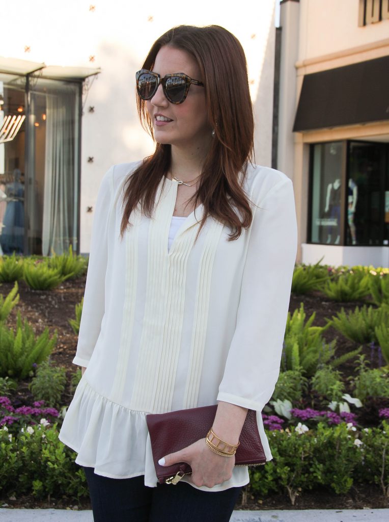 ruffle blouse and gold bracelets