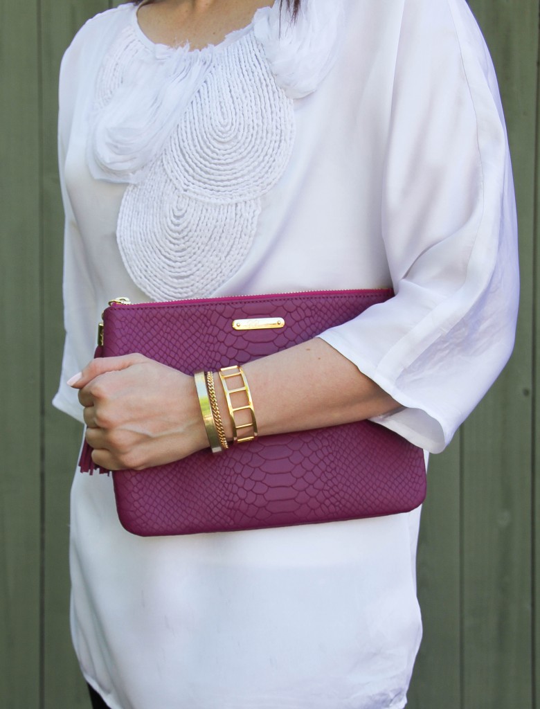 baublebar bracelets and magenta clutch