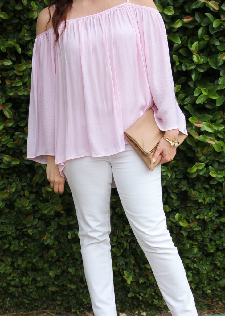 spring outfit - pink blouse and white denim