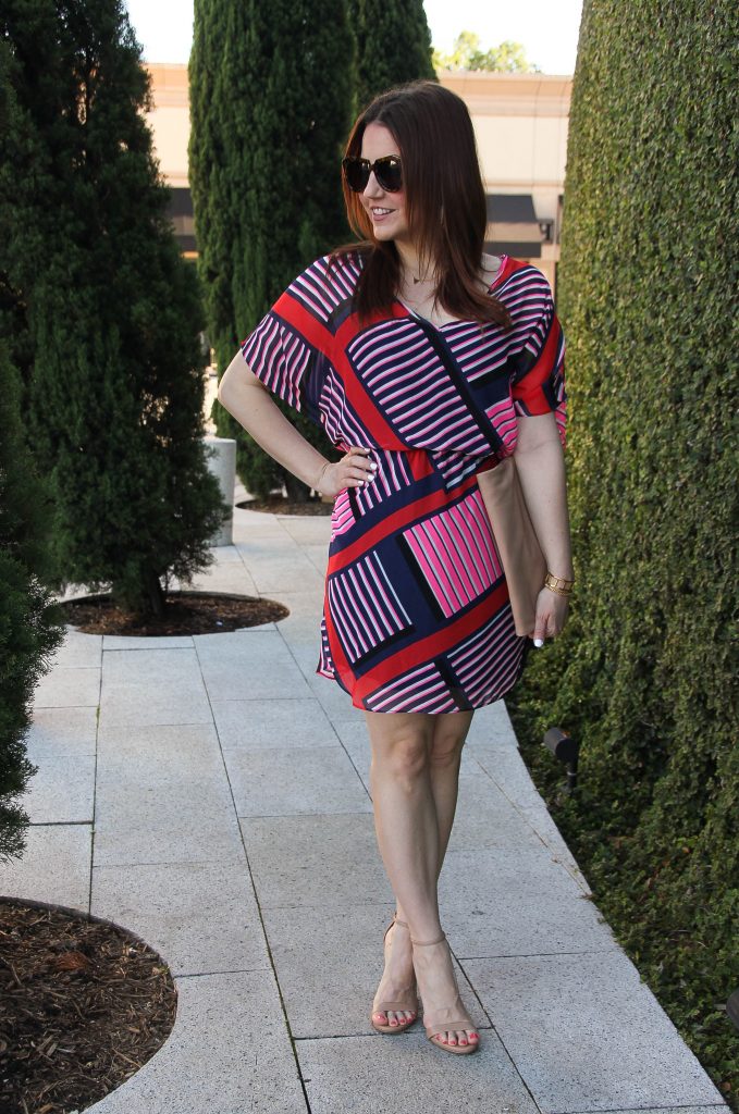 spring office outfit - colorful dress and heels