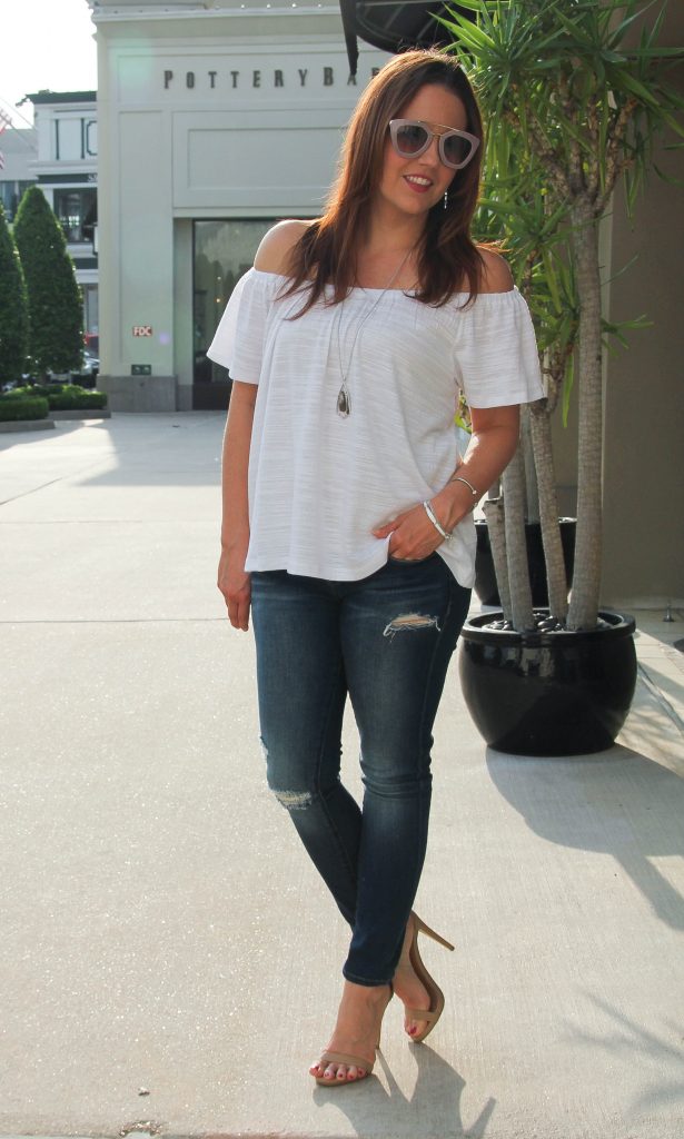 summer outfit - off the shoulder blouse and distressed denim