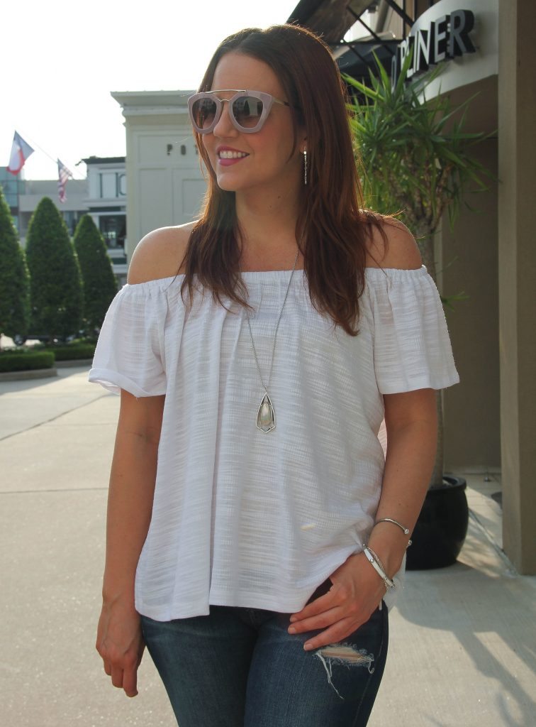 white off the shoulder top with kendra scott necklace