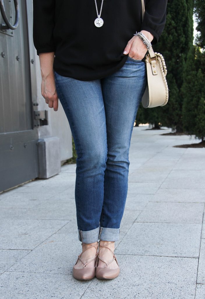 comfortable skinny jeans and lace-up flats